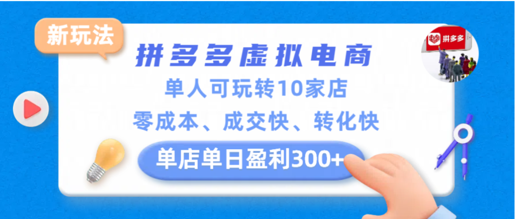 拼多多虚拟电商新玩法，单人可玩转10家店，零成本、成交快、转化快，单店单日可盈利300+网创吧-网创项目资源站-副业项目-创业项目-搞钱项目网创吧