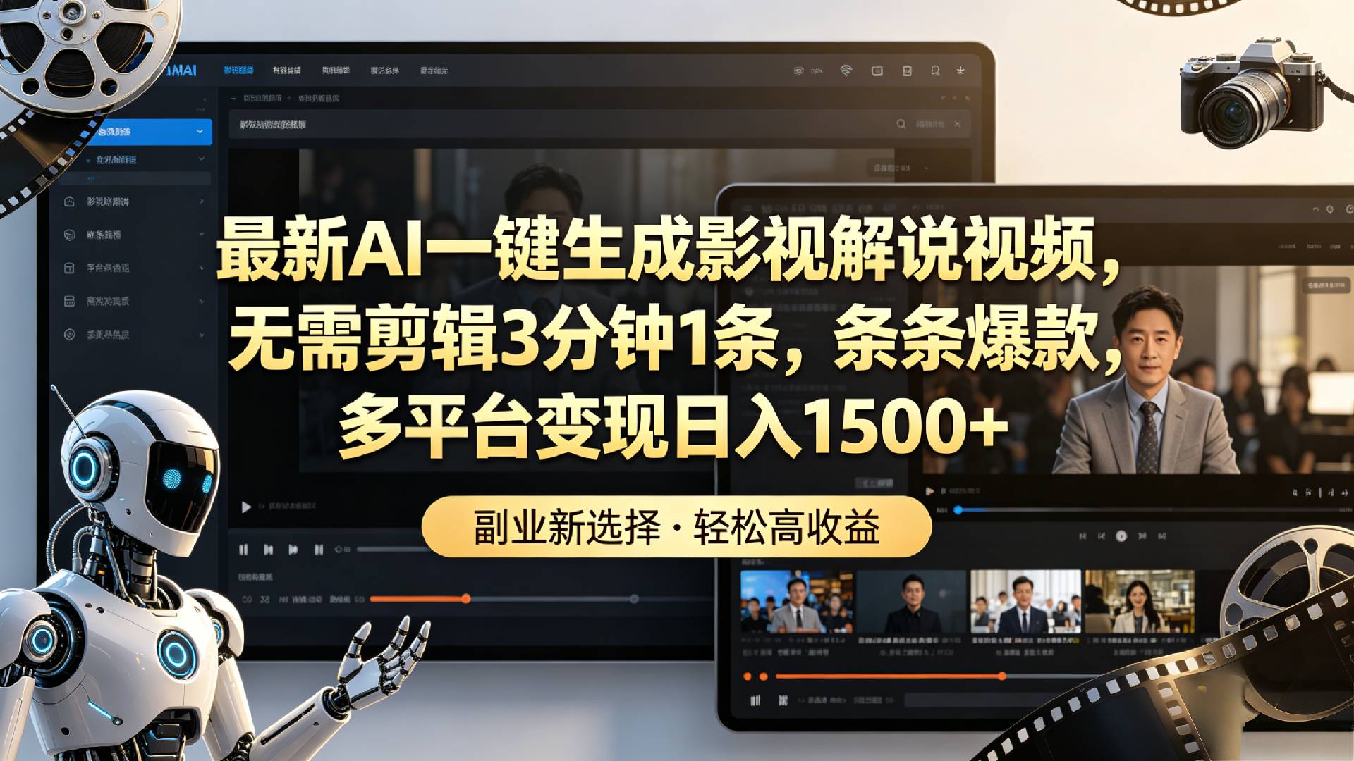 最新AI一键生成影视解说视频，无需剪辑3分钟1条，条条爆款，多平台变现日入1500+网创吧-网创项目资源站-副业项目-创业项目-搞钱项目网创吧