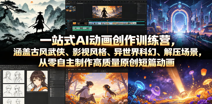 一站式AI动画创作训练营,涵盖古风武侠、影视风格、异世界科幻、解压场景,从零自主制作高质量原创短篇动画网创吧-网创项目资源站-副业项目-创业项目-搞钱项目网创吧