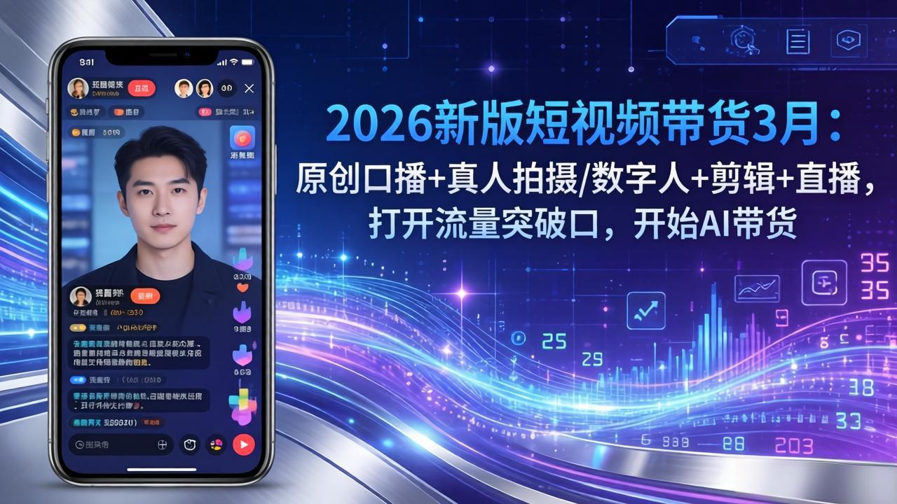 (17724期)2026新版短视频带货3月:原创口播+真人拍摄/数字人+剪辑+直播,打开流量突破口,开始AI带货网创吧-网创项目资源站-副业项目-创业项目-搞钱项目网创吧