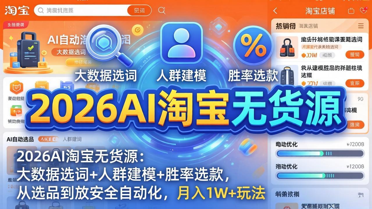 (17955期)2026AI淘宝无货源-4月更新:大数据选词+人群建模+胜率选款,从选品到放大全自动化,月入1W+玩法网创吧-网创项目资源站-副业项目-创业项目-搞钱项目网创吧