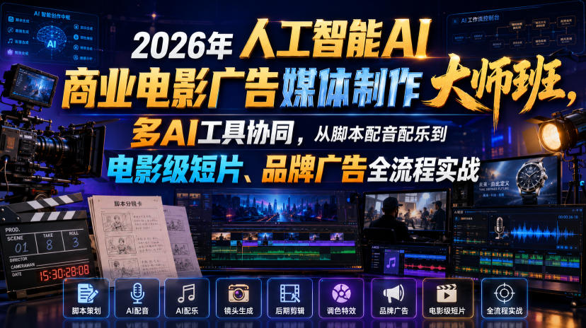 2026年人工智能AI商业电影广告媒体制作大师班,多AI工具协同,从脚本配音配乐到电影级短片、品牌广告全流程实战(中英字幕)网创吧-网创项目资源站-副业项目-创业项目-搞钱项目网创吧