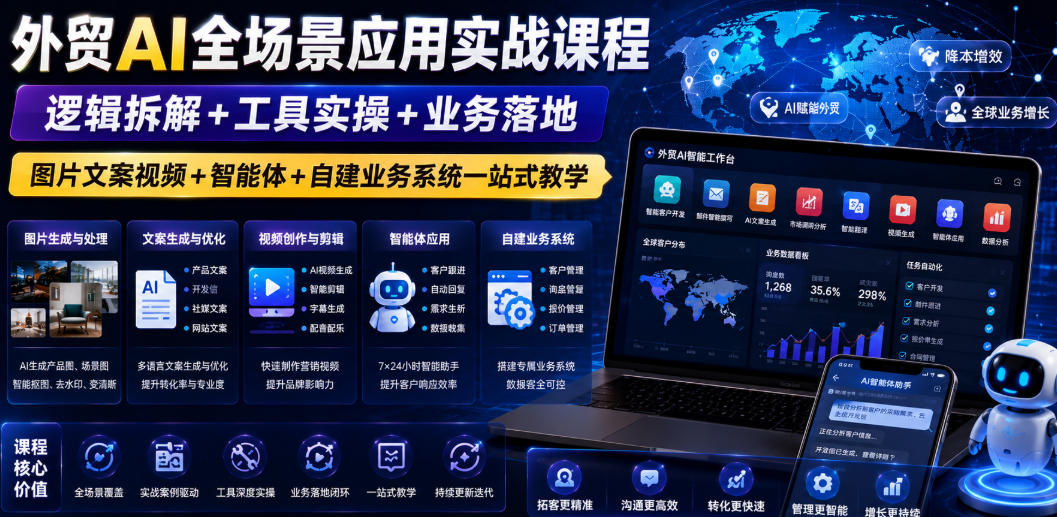 外贸AI全场景应用实战课程|逻辑拆解+工具实操+业务落地,图片文案视频+智能体+自建业务系统一站式教学网创吧-网创项目资源站-副业项目-创业项目-搞钱项目网创吧