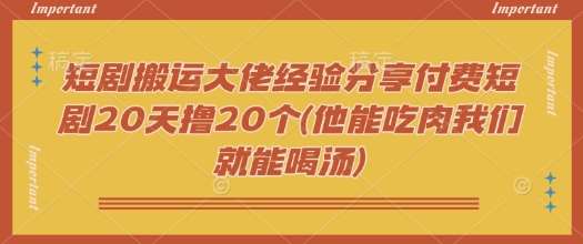 短剧搬运大佬经验分享付费短剧20天撸20个(他能吃肉我们就能喝汤)网创吧-网创项目资源站-副业项目-创业项目-搞钱项目网创吧