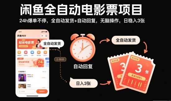 闲鱼全自动电影票项目,24h爆单不停,全自动发货+自动回复,无脑操作,日稳入3张【揭秘】网创吧-网创项目资源站-副业项目-创业项目-搞钱项目网创吧