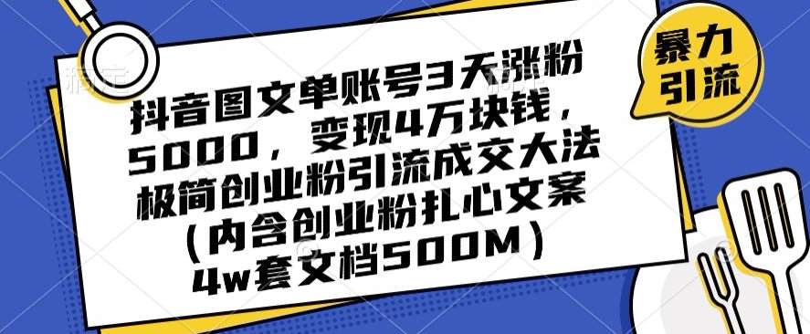 抖音图文单账号3天涨粉5000，变现4万块钱，极简创业粉引流成交大法网创吧-网创项目资源站-副业项目-创业项目-搞钱项目网创吧