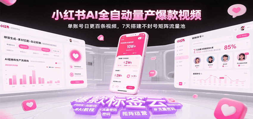 小红书AI全自动量产爆款视频，单账号日更百条视频，7天搭建不封号矩阵流量池（更新）网创吧-网创项目资源站-副业项目-创业项目-搞钱项目网创吧