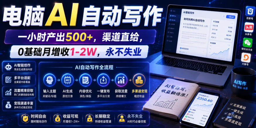 电脑AI自动写作,一小时产出500+,渠道直给,0基础月增收1-2W,永不失业【揭秘】网创吧-网创项目资源站-副业项目-创业项目-搞钱项目网创吧