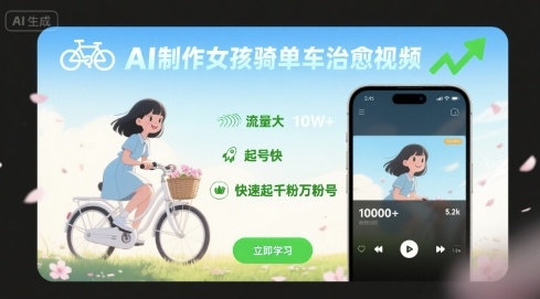 AI制作女孩骑单车治愈视频，流量大，起号快，快速起千粉万粉号网创吧-网创项目资源站-副业项目-创业项目-搞钱项目网创吧