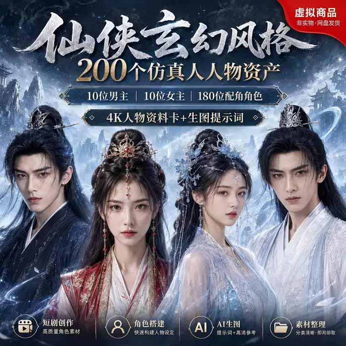 （19301期）200个仙侠玄幻仿真人素材◆10男主×10女主×180配角，4K资料卡+AI生图提示词，漫剧必备网创吧-网创项目资源站-副业项目-创业项目-搞钱项目网创吧