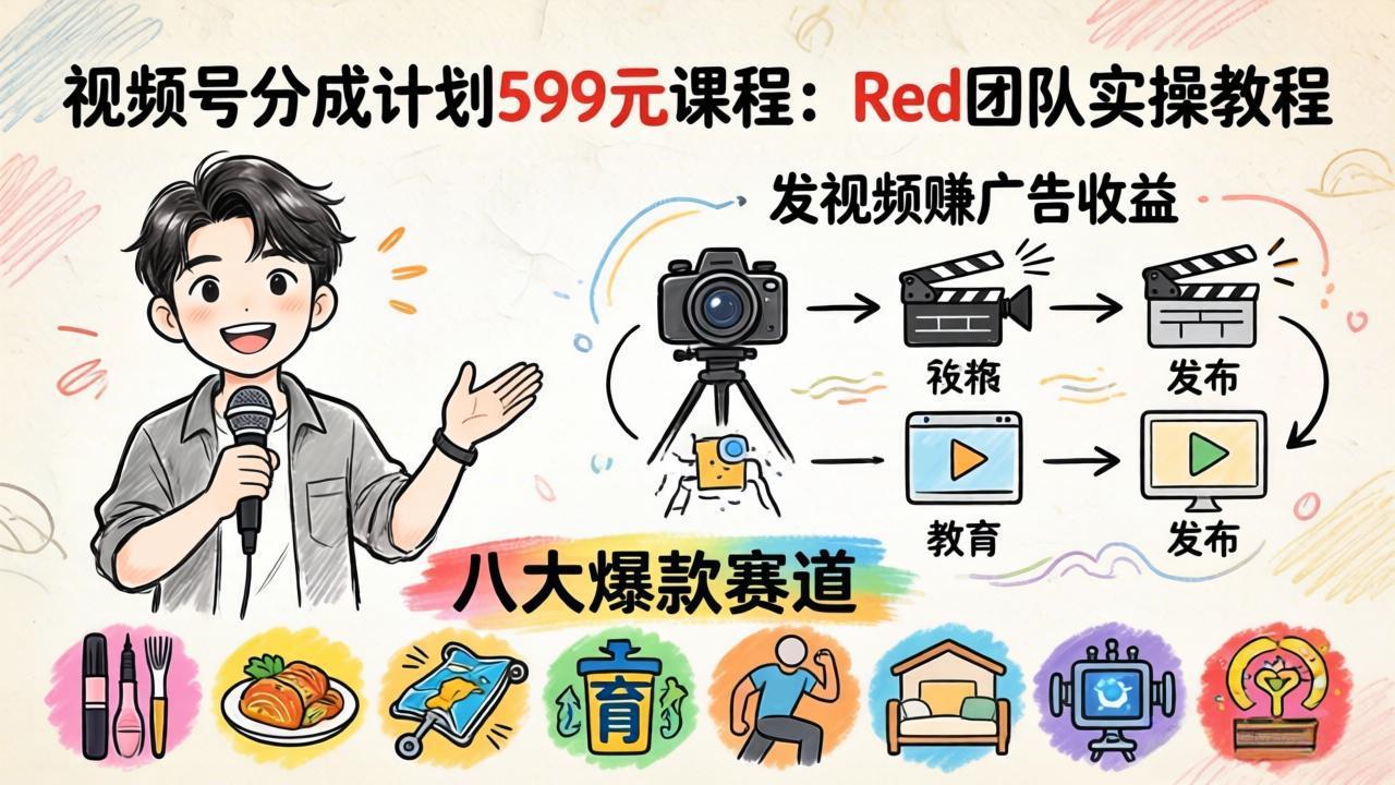 (18088期)视频号分成计划599元课程:Red团队实操教程,发视频赚广告收益,八大爆款赛道全掌握网创吧-网创项目资源站-副业项目-创业项目-搞钱项目网创吧
