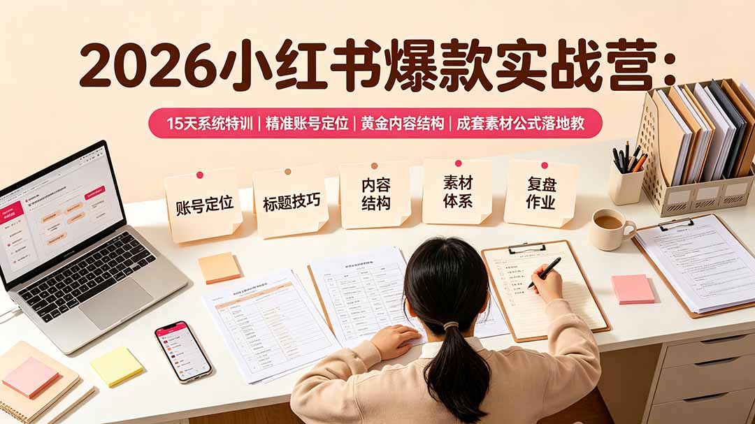 (19332期)2026小红书爆款实战营:15天系统特训|精准账号定位|黄金内容结构|成套素材公式落地教程网创吧-网创项目资源站-副业项目-创业项目-搞钱项目网创吧