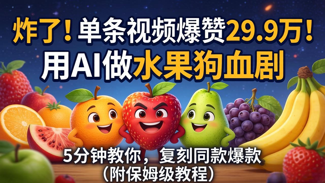 (18206期)炸了!单条视频爆赞 29.9 万!用 AI 做水果狗血剧,5 分钟教你,复刻同款爆款(附保姆级教程)网创吧-网创项目资源站-副业项目-创业项目-搞钱项目网创吧