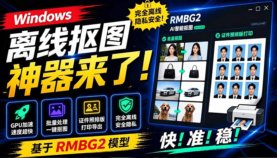 (19357期)Windows离线抠图神器来了!支持批量抠图 + 证件照排版打印,基于RMBG2模型,GPU加速 方块AI抠图网创吧-网创项目资源站-副业项目-创业项目-搞钱项目网创吧