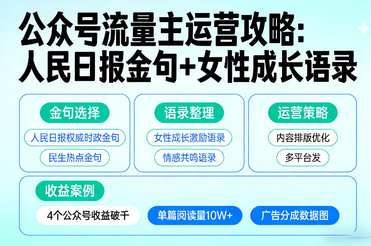 利用人民日报金句+女性成长语录做公众号流量主,4个公众号收益破千网创吧-网创项目资源站-副业项目-创业项目-搞钱项目网创吧