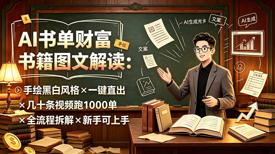 (19515期)AI书单财富书籍图文解读:手绘黑白风格×一键直出×几十条视频跑1000单×全流程拆解×新手可上手网创吧-网创项目资源站-副业项目-创业项目-搞钱项目网创吧