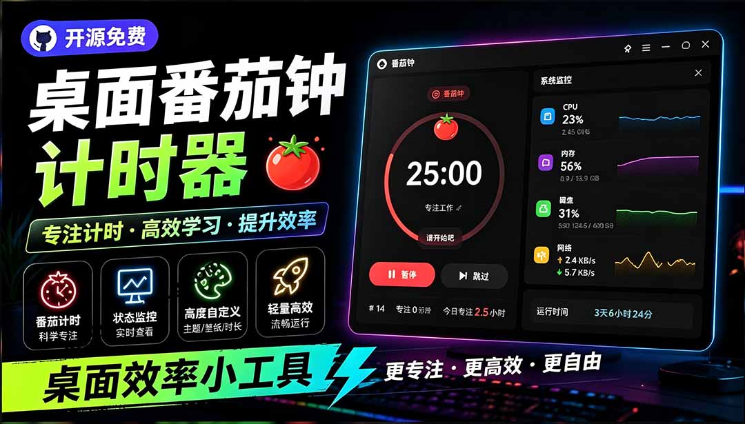 (19564期)仅1.16MB,开源极简的桌面时钟、番茄钟计时器,还支持系统监控显示,桌面效率小工具 Catime网创吧-网创项目资源站-副业项目-创业项目-搞钱项目网创吧