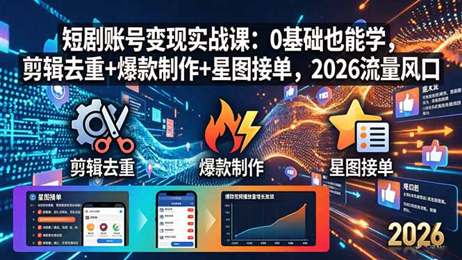 (18160期)短剧账号变现实战课:0基础也能学,剪辑去重+爆款制作+星图接单,2026流量风口网创吧-网创项目资源站-副业项目-创业项目-搞钱项目网创吧