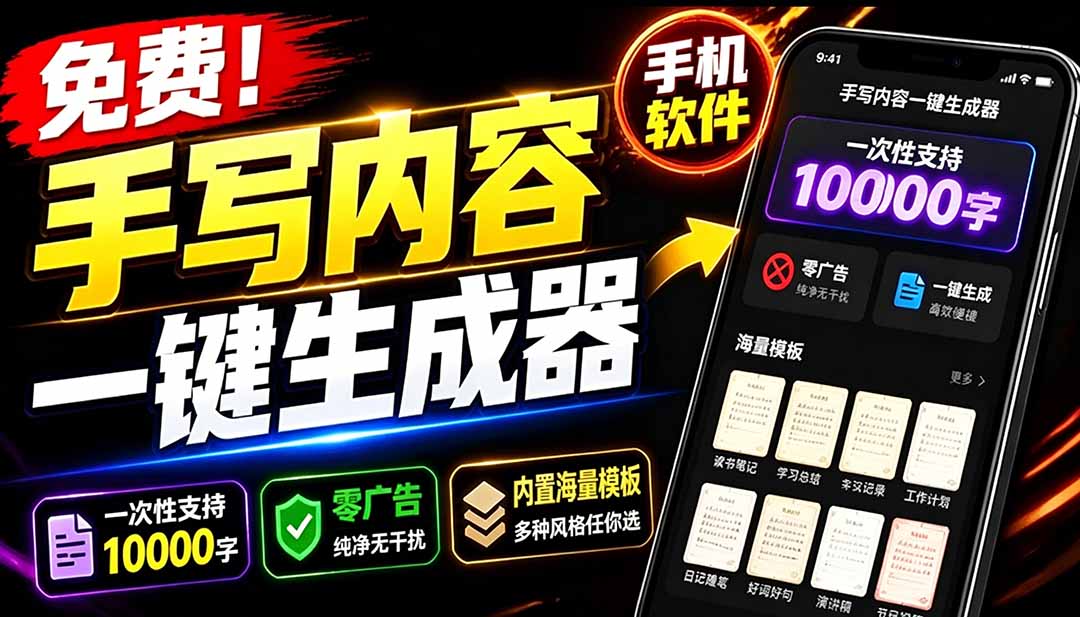 (18667期)超逼真手写字体一键生成器,纯免费离线运行,一次性支持10000字,零广告,内置海量模板网创吧-网创项目资源站-副业项目-创业项目-搞钱项目网创吧