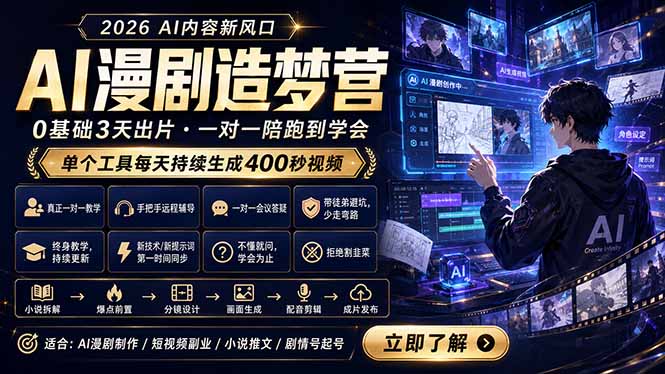 (18568期)AI漫剧造梦营:0基础3天出片,单个工具每天持续生成400秒视频网创吧-网创项目资源站-副业项目-创业项目-搞钱项目网创吧
