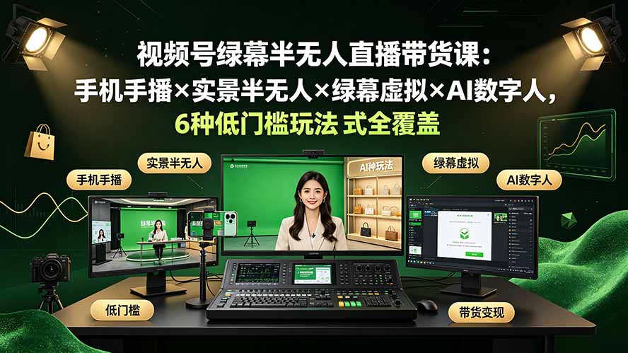 (19271期)视频号绿幕半无人直播带货课:手机手播×实景半无人×绿幕虚拟×AI数字人,6种低门槛玩法全覆盖网创吧-网创项目资源站-副业项目-创业项目-搞钱项目网创吧
