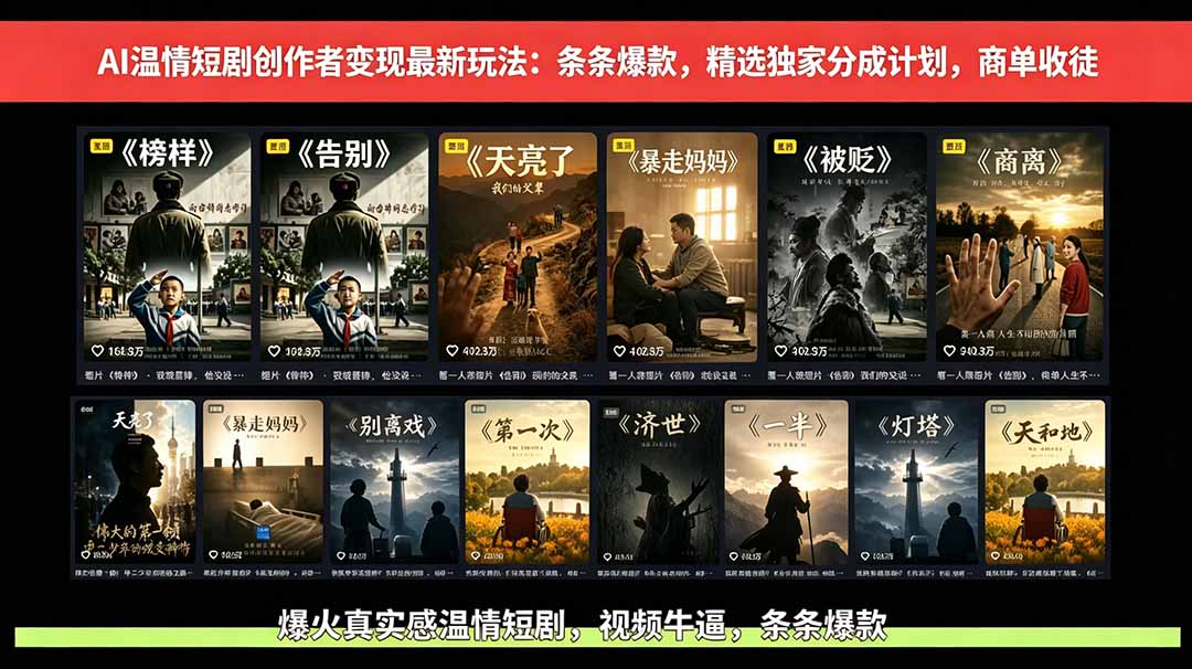 (18748期)AI温情短剧创作者变现最新玩法:视频牛逼,条条爆款,精选独家分成计划,商单收徒网创吧-网创项目资源站-副业项目-创业项目-搞钱项目网创吧