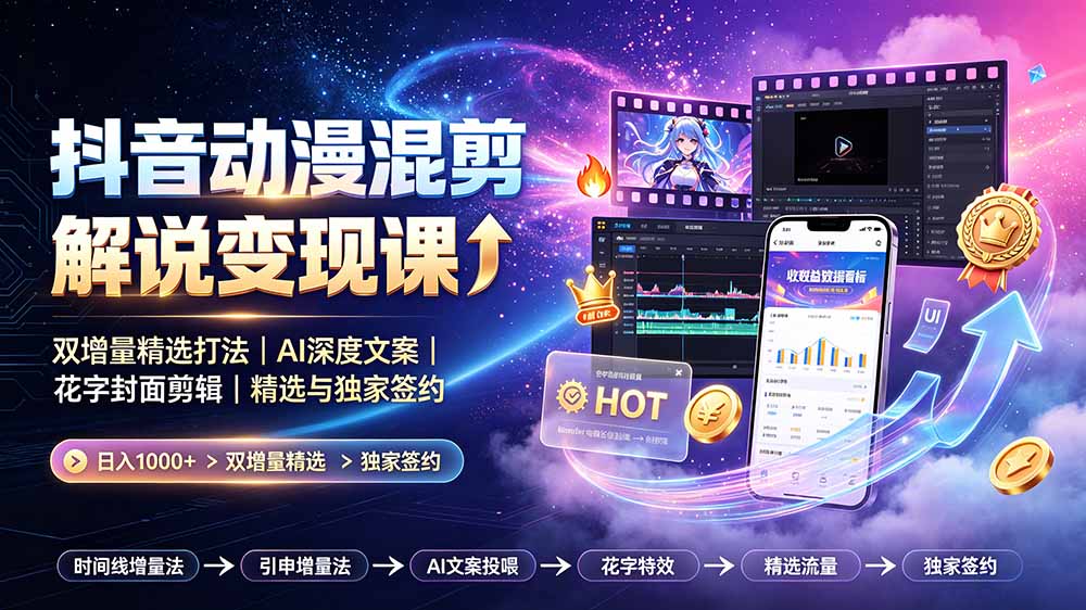 (19311期)抖音动漫混剪解说变现课:双增量精选打法|AI深度文案|花字封面剪辑| 精选与独家签约日入1000+网创吧-网创项目资源站-副业项目-创业项目-搞钱项目网创吧
