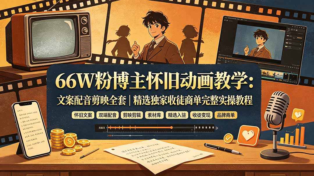 (19499期)66W粉博主怀旧动画教学:文案配音剪映全套|精选独家收徒商单完整实操教程网创吧-网创项目资源站-副业项目-创业项目-搞钱项目网创吧