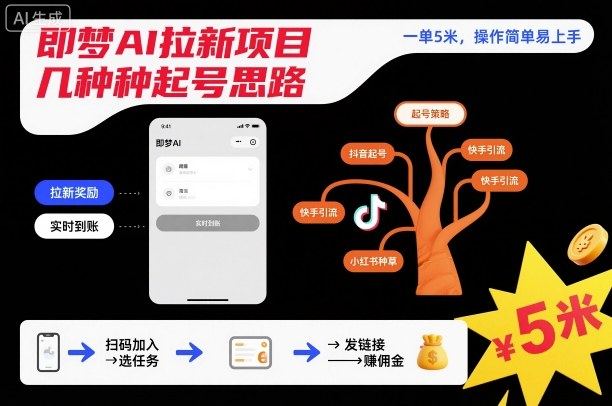 即梦AI拉新项目几种起号思路,一单5米,操作简单易上手网创吧-网创项目资源站-副业项目-创业项目-搞钱项目网创吧