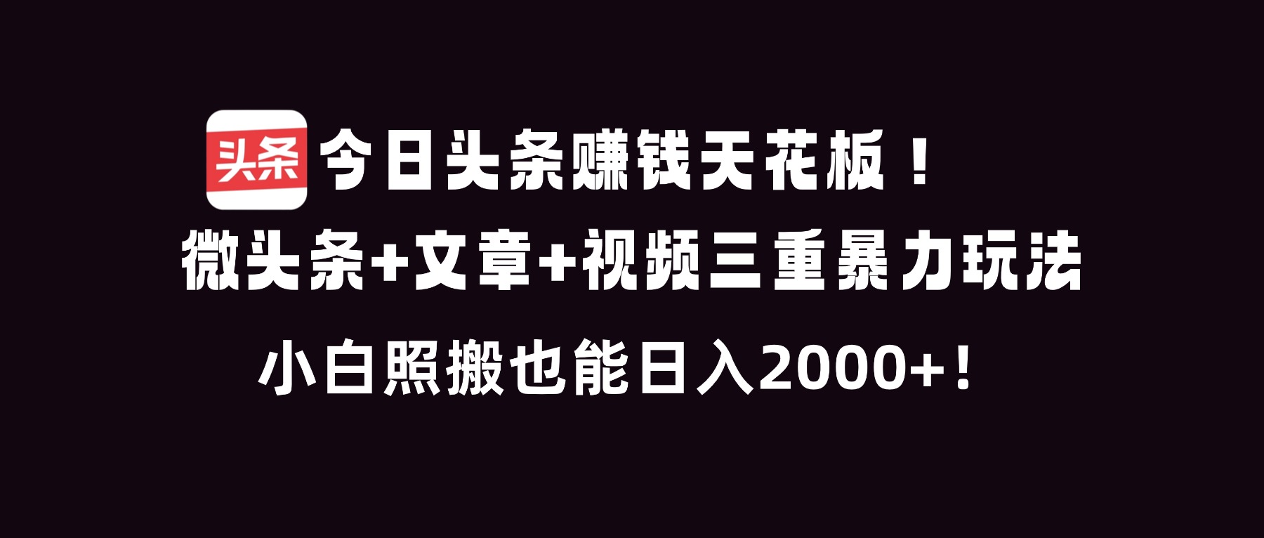 (16888期)今日头条赚钱天花板!微头条+文章+视频三重暴利玩法,小白照搬也能日人2000+网创吧-网创项目资源站-副业项目-创业项目-搞钱项目网创吧