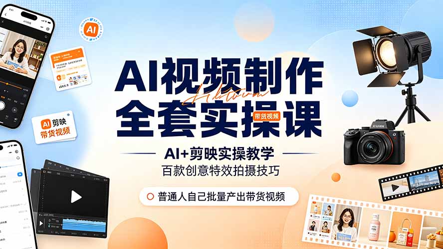 (19200期)AI视频制作全套实操课,多款AI工具搭配剪映教学,百种特效运镜拍摄实操,抖音账号带货运营全覆盖网创吧-网创项目资源站-副业项目-创业项目-搞钱项目网创吧