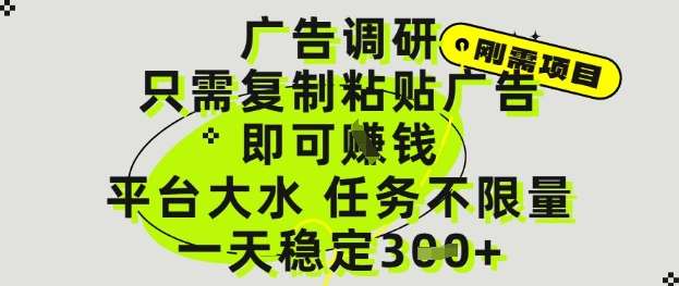 广告调研项目，只需复制粘贴广告即可挣钱，平台大水，任务不限量，一天3张【揭秘】网创吧-网创项目资源站-副业项目-创业项目-搞钱项目网创吧