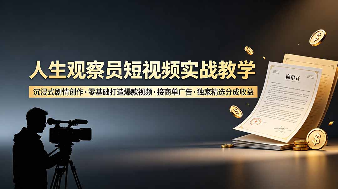 (19113期)人生观察员短视频实战教学,沉浸式剧情创作,零基础打造爆款视频,接商单广告,独家精选分成收益网创吧-网创项目资源站-副业项目-创业项目-搞钱项目网创吧