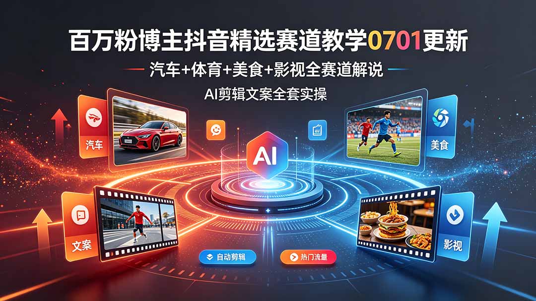 (19144期)百万粉博主抖音精选赛道教学-0701更新,汽车+体育+美食+影视全赛道解说,AI剪辑文案全套实操网创吧-网创项目资源站-副业项目-创业项目-搞钱项目网创吧