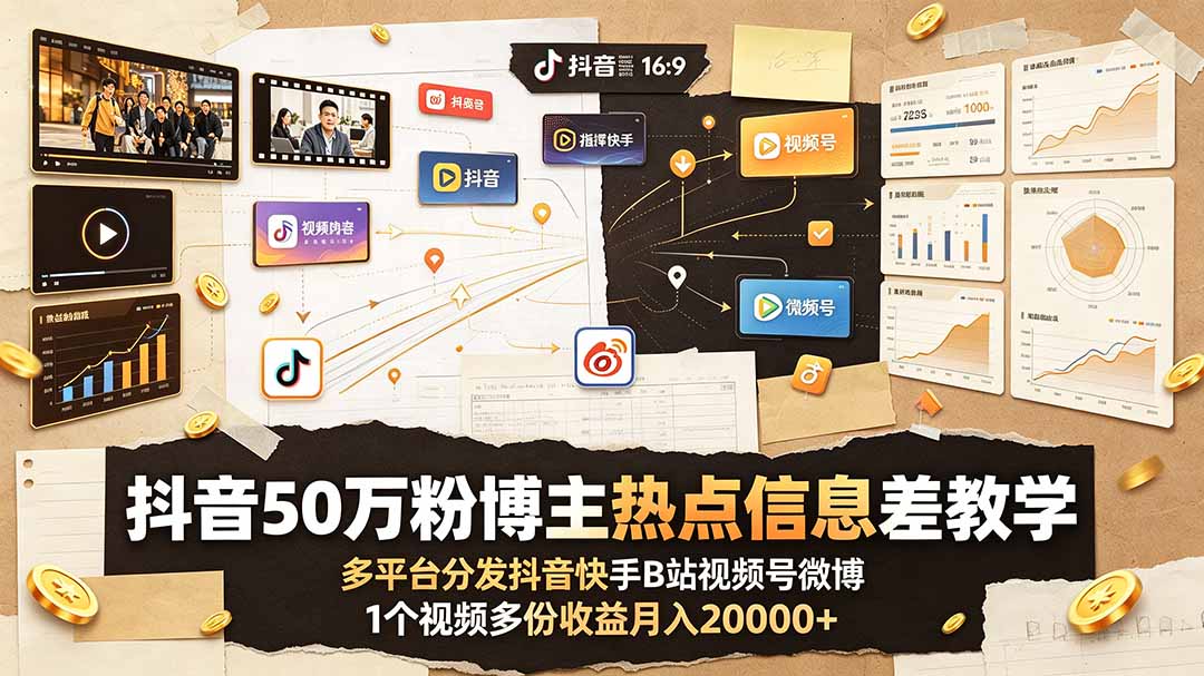 （19145期）抖音50万粉博主热点信息差教学：多平台分发抖音快手B站视频号微博，1个视频多份收益月入20000+网创吧-网创项目资源站-副业项目-创业项目-搞钱项目网创吧