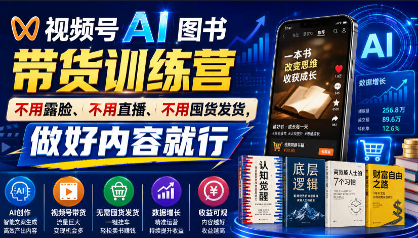 视频号AI图书带货训练营，不用露脸、不用直播、不用囤货发货，做好内容就行，一条爆款视频佣金8942网创吧-网创项目资源站-副业项目-创业项目-搞钱项目网创吧