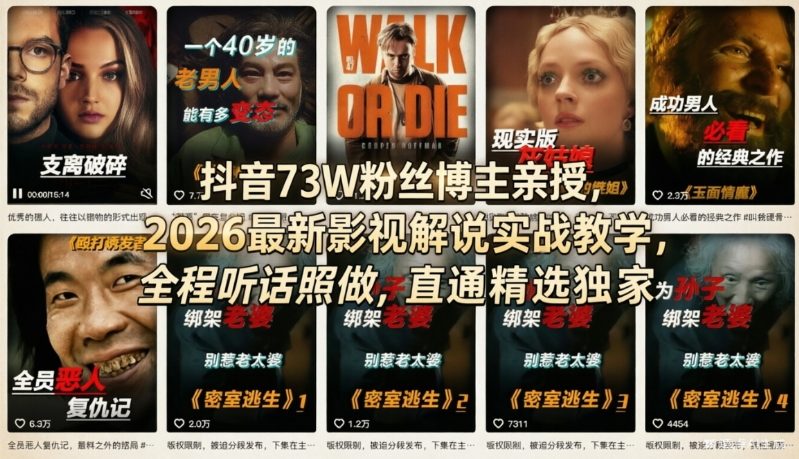 抖音73W粉丝博主亲授,2026最新影视解说实战教学,全程听话照做,直通精选独家网创吧-网创项目资源站-副业项目-创业项目-搞钱项目网创吧