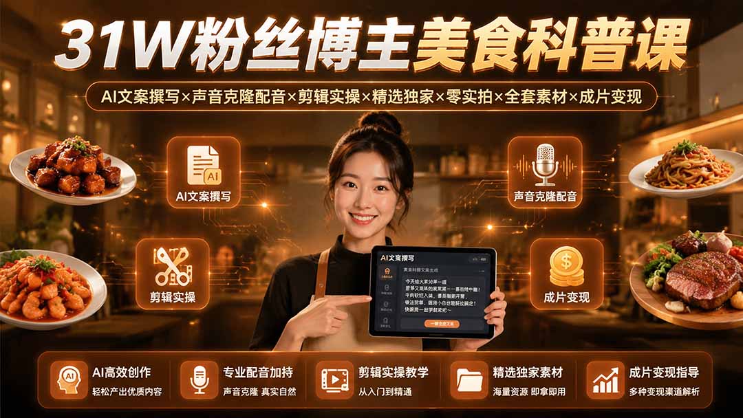 (19558期)31W粉丝博主美食科普课:AI文案撰写×声音克隆配音×剪辑实操×精选独家×零实拍×全套素材×成片变现网创吧-网创项目资源站-副业项目-创业项目-搞钱项目网创吧