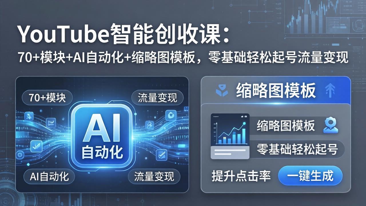 (17926期)YouTube智能创收课:70+模块+AI自动化+缩略图模板,零基础轻松起号流量变现网创吧-网创项目资源站-副业项目-创业项目-搞钱项目网创吧