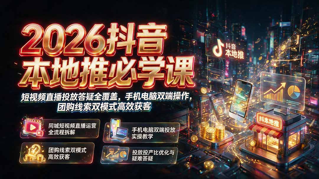 (19618期)2026抖音本地推必学课|短视频直播投放答疑全覆盖,手机电脑双端操作,团购线索双模式高效获客网创吧-网创项目资源站-副业项目-创业项目-搞钱项目网创吧