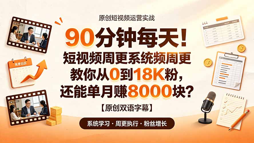 (19265期)90 分钟每天!短视频周更系统教你从 0 到 18K 粉,还能单月赚 8000 块?【原创双语字幕】网创吧-网创项目资源站-副业项目-创业项目-搞钱项目网创吧