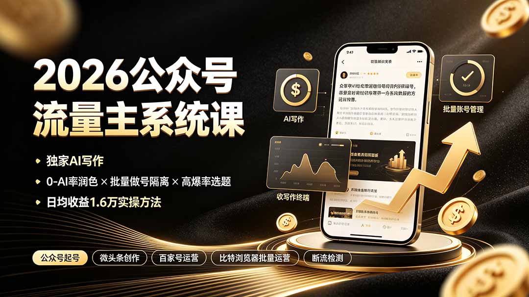 (19405期)2026公众号流量主系统课:独家AI写作×0-AI率润色×批量做号隔离×高爆率选题,日均收益1.6万实操方法网创吧-网创项目资源站-副业项目-创业项目-搞钱项目网创吧