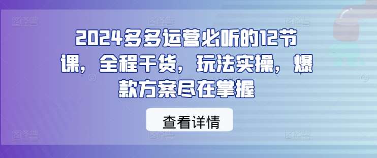 2024多多运营必听的12节课,全程干货,玩法实操,爆款方案尽在掌握网创吧-网创项目资源站-副业项目-创业项目-搞钱项目网创吧
