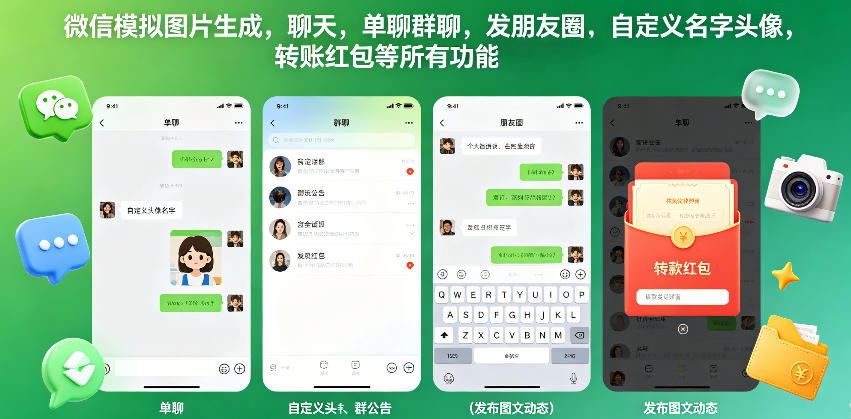 微信模拟图片生成,聊天,单聊群聊,发朋友圈,自定义名字头像,转账红包等所有功能都可以生成网创吧-网创项目资源站-副业项目-创业项目-搞钱项目网创吧