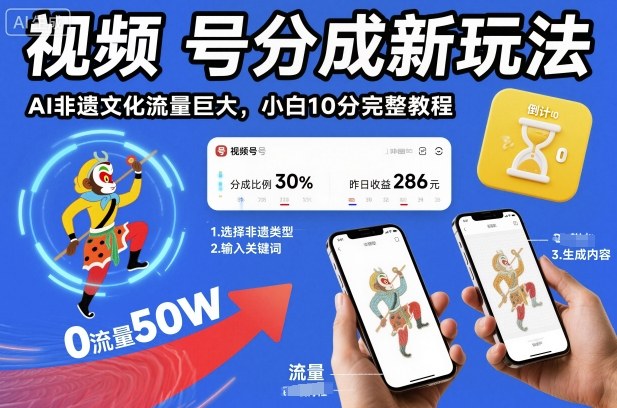 视频号分成新玩法,AI非遗文化流量巨大,小白10分钟搞定,完整教程网创吧-网创项目资源站-副业项目-创业项目-搞钱项目网创吧