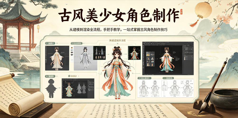 古风美少女角色制作,从建模到渲染全流程,手把手教学,一站式掌握古风角色制作技巧网创吧-网创项目资源站-副业项目-创业项目-搞钱项目网创吧
