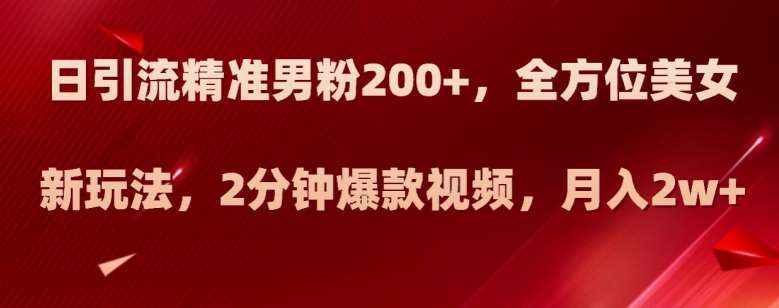 日引流精准男粉200+，全方位美女新玩法，2分钟爆款视频，月入2w+【揭秘】网创吧-网创项目资源站-副业项目-创业项目-搞钱项目网创吧