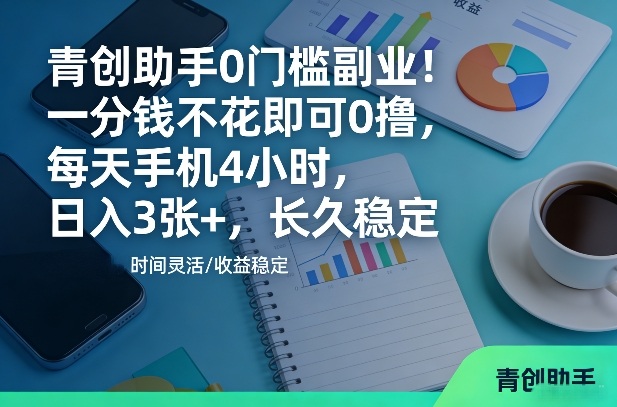 青创助手0门槛副业!一分钱不花即可0撸,每天手机4小时,日入3张+,长久稳定【揭秘】网创吧-网创项目资源站-副业项目-创业项目-搞钱项目网创吧