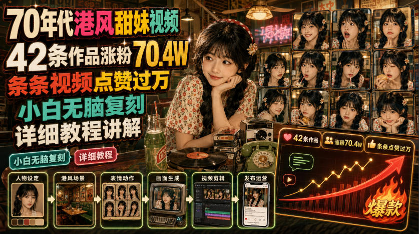 70年代港风甜妹视频，42条作品涨粉70.4W，条条视频点赞过万，小白无脑复刻，详细教程讲解网创吧-网创项目资源站-副业项目-创业项目-搞钱项目网创吧
