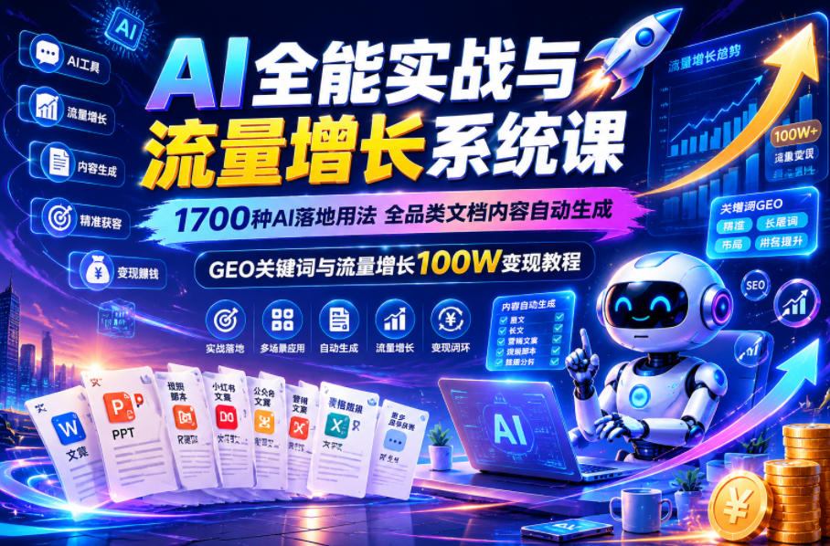 AI全能实战与流量增长系统课,1700种AI落地用法,全品类文档内容自动生成,GEO关键词与流量增长100W变现教程网创吧-网创项目资源站-副业项目-创业项目-搞钱项目网创吧